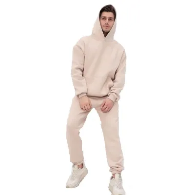 Men Casual Fall Winter Cordless Hoodie and Sweatpants Two-Piece Set