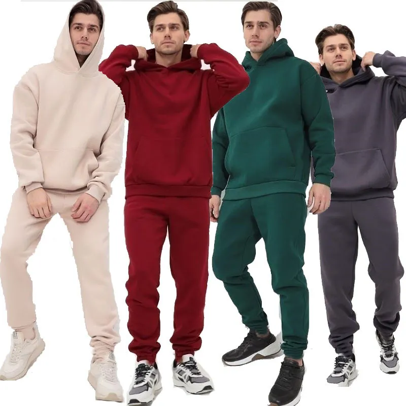 Men Casual Fall Winter Cordless Hoodie and Sweatpants Two-Piece Set
