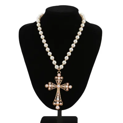 Men Fashion Exaggerated Cross Pendant Pearl Necklace