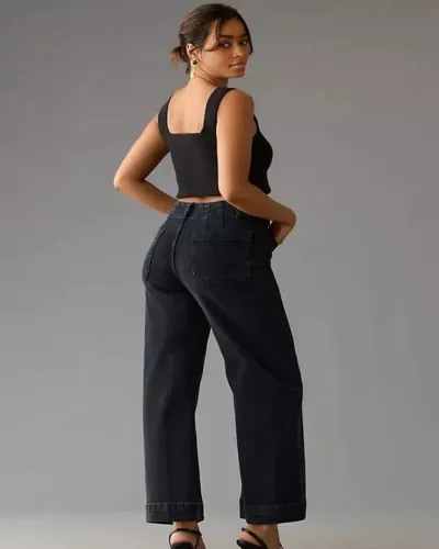 Women Casual Loose Pocket High Waist Wide Leg Jeans