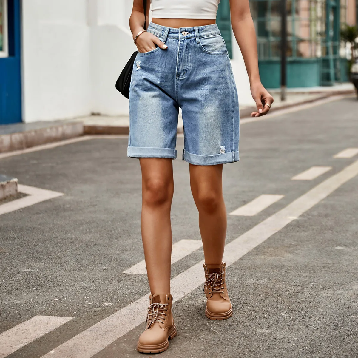 Women Casual Ripped Cropped Denim Shorts Mid-Waist Bermuda Street Style