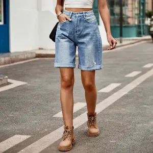 Women Casual Ripped Cropped Denim Shorts Mid-Waist Bermuda Street Style