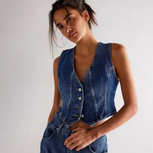 Women's Casual V-Neck Denim Cardigan Tank Top