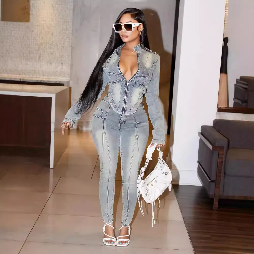 Women Casual Irregular Zipper Long Sleeve Top with Tight Jeans Denim Two-Piece Set