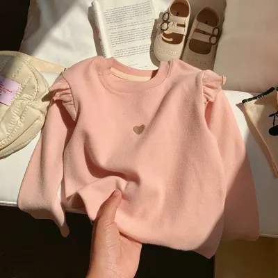 Kids Toddler Girls Heart Embroidery Long Sleeve Ruffled Cotton T-Shirt
