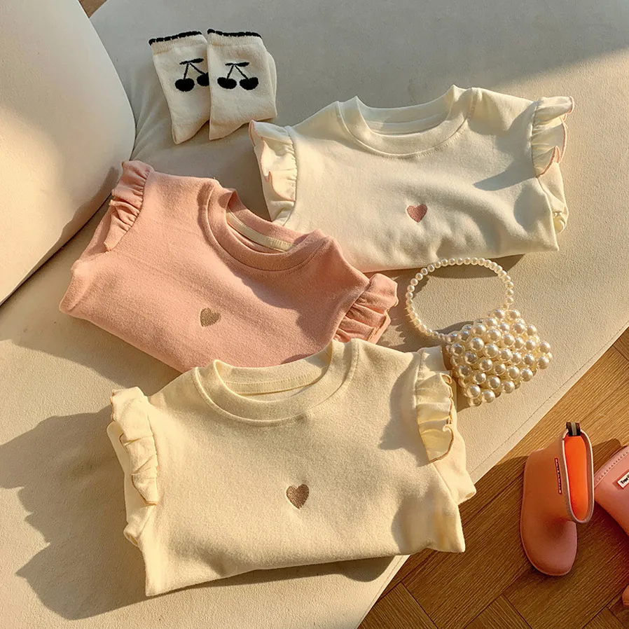 Kids Toddler Girls Heart Embroidery Long Sleeve Ruffled Cotton T-Shirt