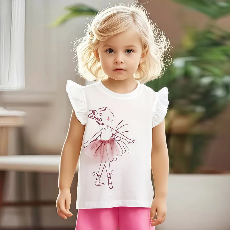 Kids Toddler Girls Cotton Ruffled Cap Sleeve T-Shirt Summer Cartoon Crewneck Short Sleeve Top
