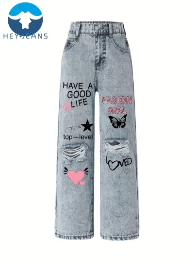 Teenager Big Girls Letter Print Ripped Wide Leg Jeans