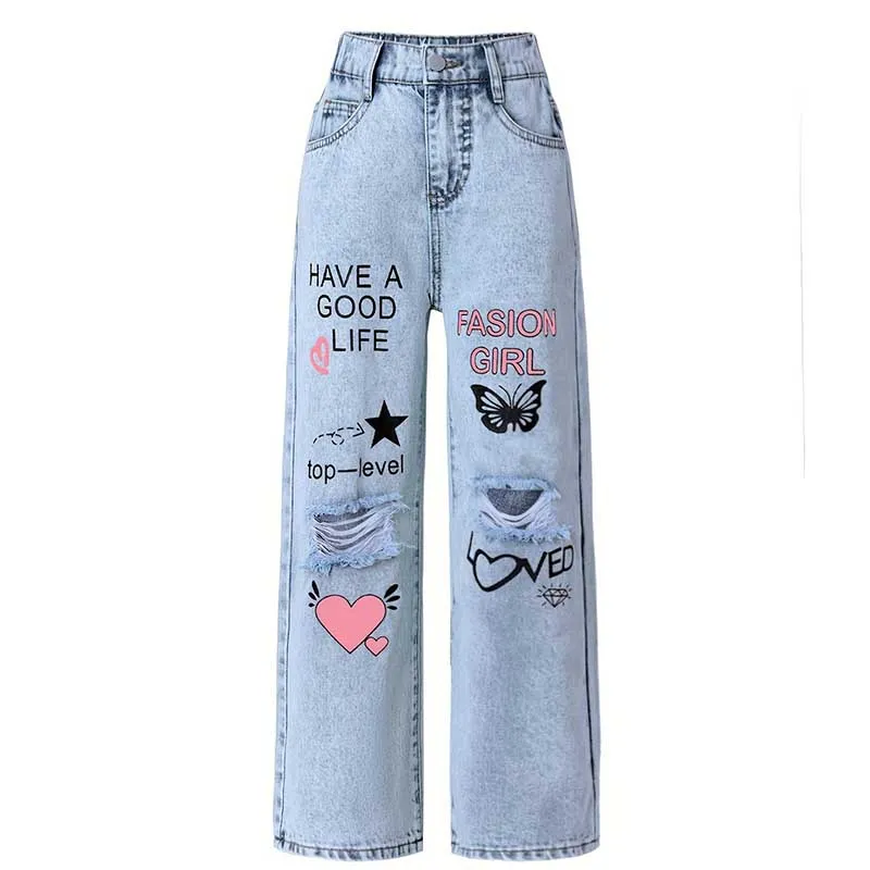 Teenager Big Girls Letter Print Ripped Wide Leg Jeans