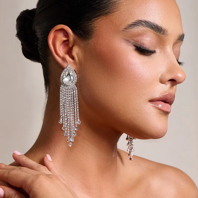 Women Drop Shape Rhinestone Tassel Earrings Instagram Wind Personality Trend Geometry Diecast