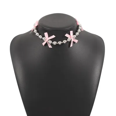 Fashion Beaded Bow Necklace Geometric Sweet Cool Wind Alloy Pearl