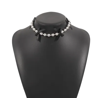 Fashion Beaded Bow Necklace Geometric Sweet Cool Wind Alloy Pearl