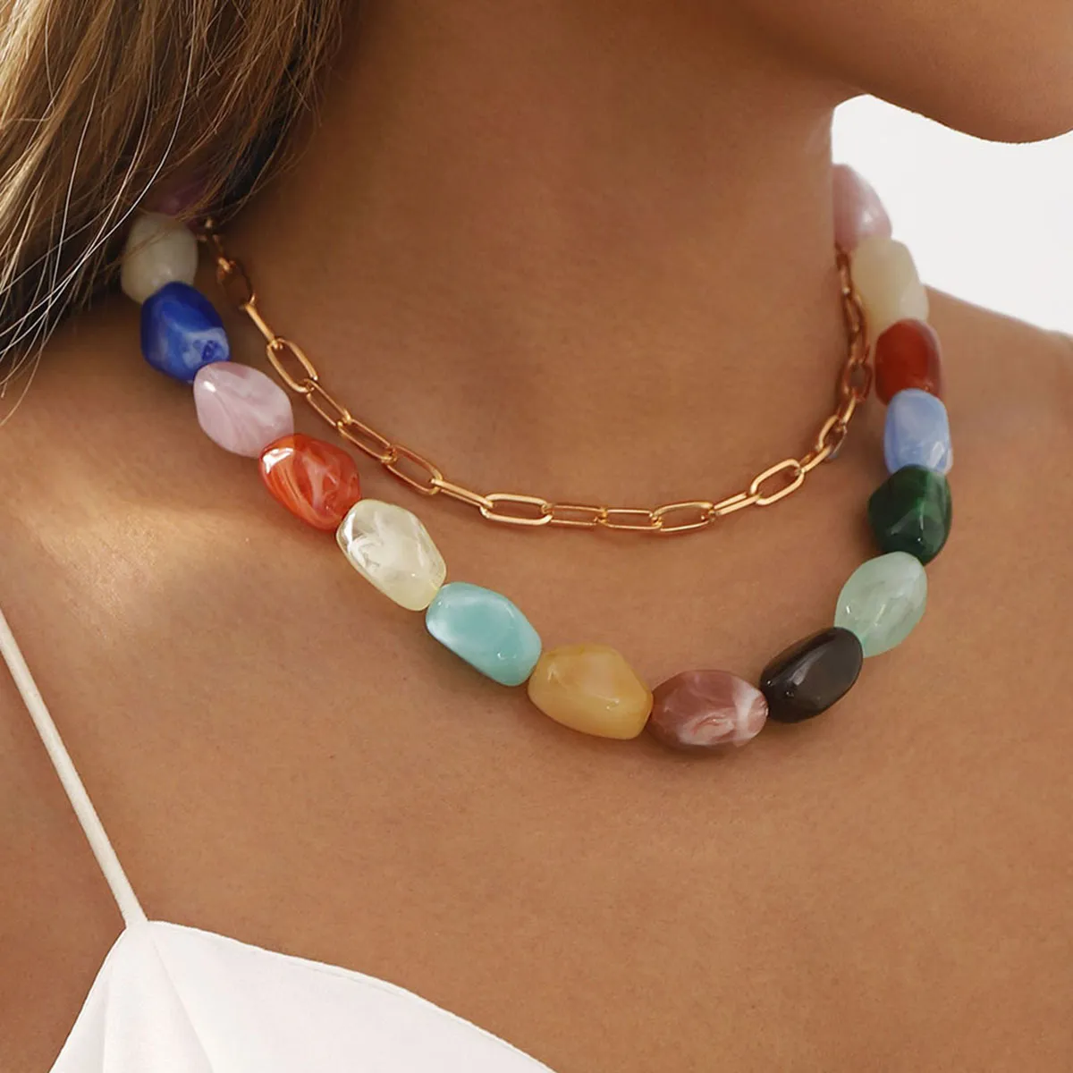 Fashion Multicolor Resin Beaded Necklace, Fresh Sweet Style Clavicle Chain