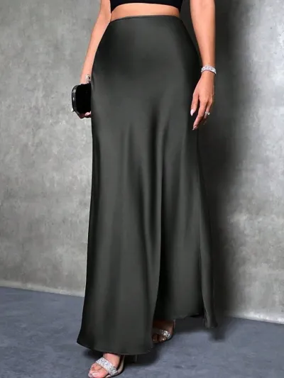 Women Casual Satin A-Line Skirt Solid Color Long Dress Commuter Style