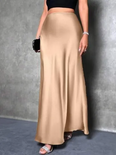 Women Casual Satin A-Line Skirt Solid Color Long Dress Commuter Style