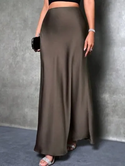 Women Casual Satin A-Line Skirt Solid Color Long Dress Commuter Style