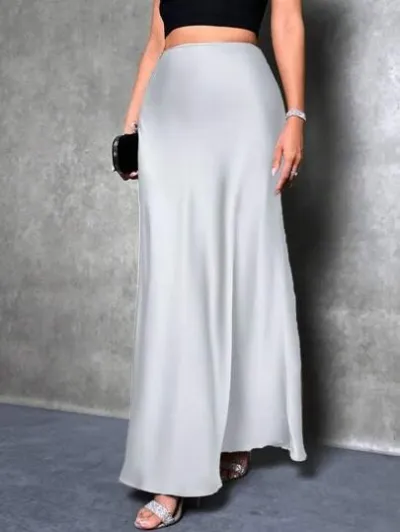 Women Casual Satin A-Line Skirt Solid Color Long Dress Commuter Style
