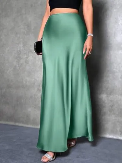 Women Casual Satin A-Line Skirt Solid Color Long Dress Commuter Style