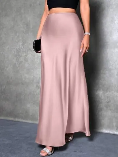 Women Casual Satin A-Line Skirt Solid Color Long Dress Commuter Style