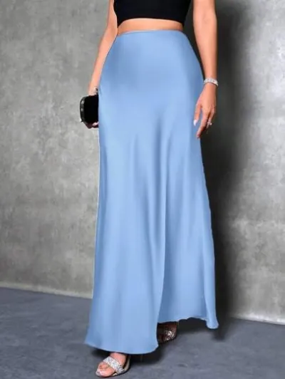 Women Casual Satin A-Line Skirt Solid Color Long Dress Commuter Style