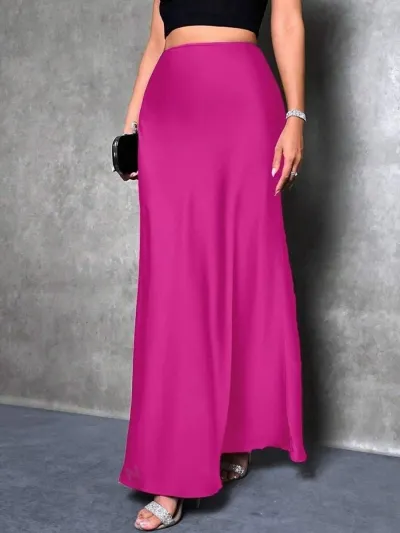 Women Casual Satin A-Line Skirt Solid Color Long Dress Commuter Style