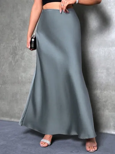 Women Casual Satin A-Line Skirt Solid Color Long Dress Commuter Style