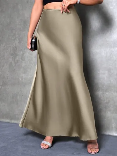 Women Casual Satin A-Line Skirt Solid Color Long Dress Commuter Style