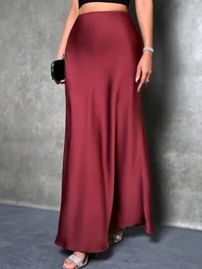 Women Casual Satin A-Line Skirt Solid Color Long Dress Commuter Style