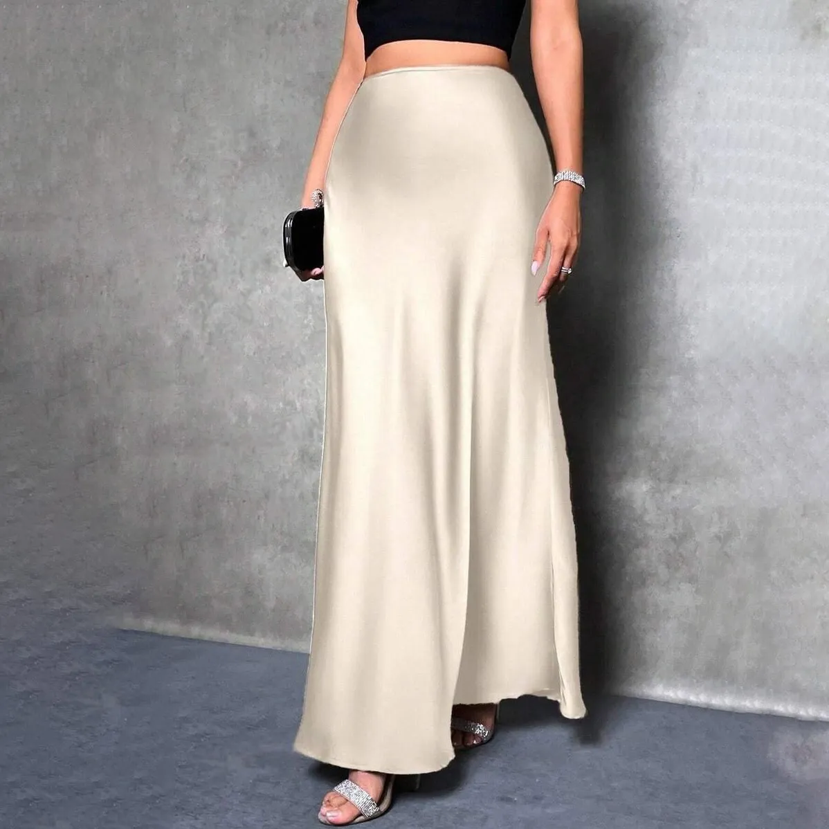 Women Casual Satin A-Line Skirt Solid Color Long Dress Commuter Style
