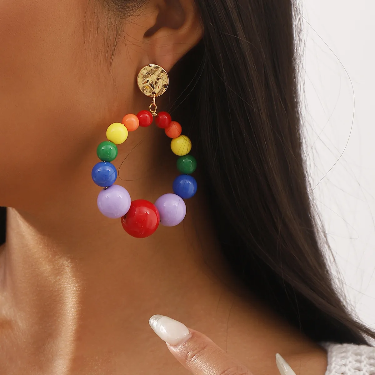 Fashion Exaggerated Multicolor Beaded Geometric Drop Earrings