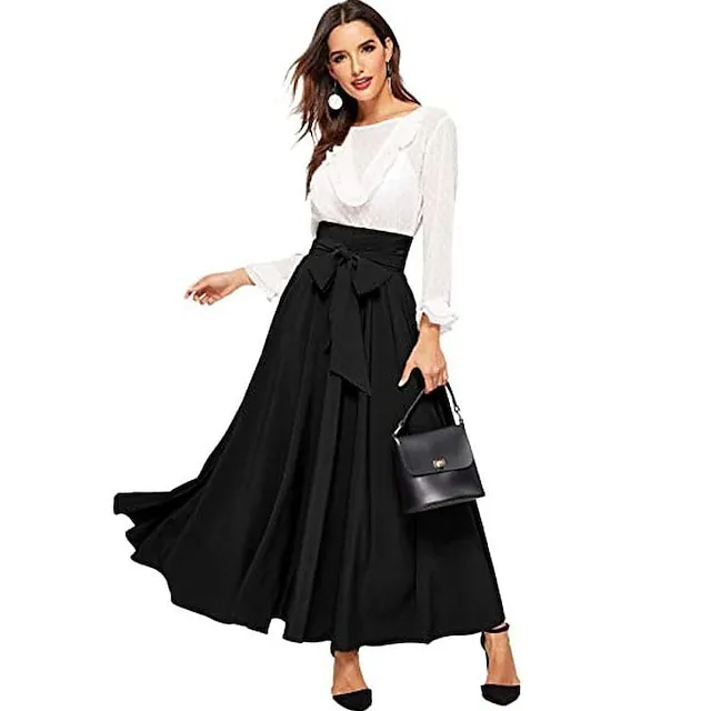 Women Fashion Elegant Solid Color High Waist Lace-Up A-Line Skirt
