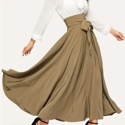 Women Fashion Elegant Solid Color High Waist Lace-Up A-Line Skirt