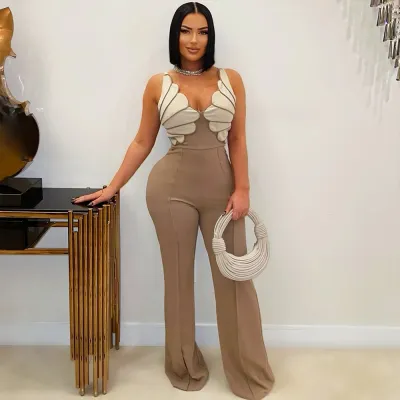 Women Fashion Sexy Contrast Color V-Neck Sleeveless Slim-Fit Jumpsuits