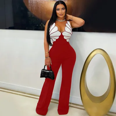 Women Fashion Sexy Contrast Color V-Neck Sleeveless Slim-Fit Jumpsuits