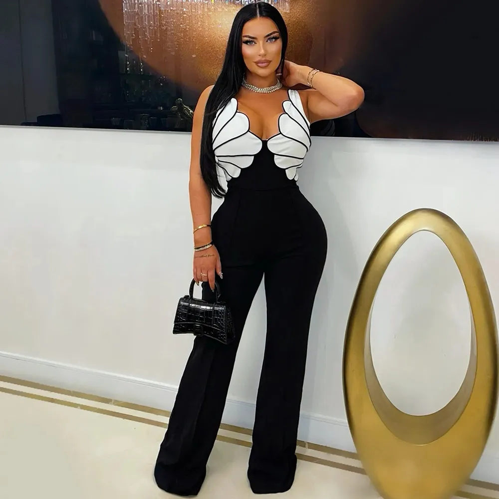 Women Fashion Sexy Contrast Color V-Neck Sleeveless Slim-Fit Jumpsuits