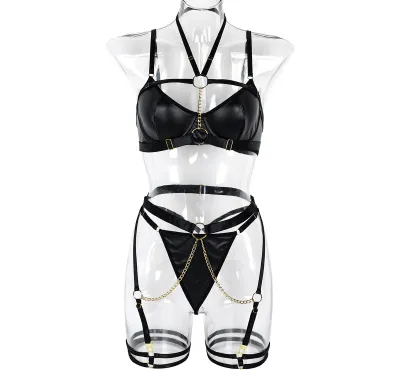 Women Sexy Solid Color PU Chain Stitching Bra Set