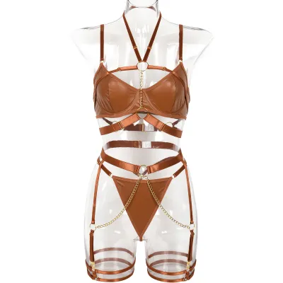 Women Sexy Solid Color PU Chain Stitching Bra Set