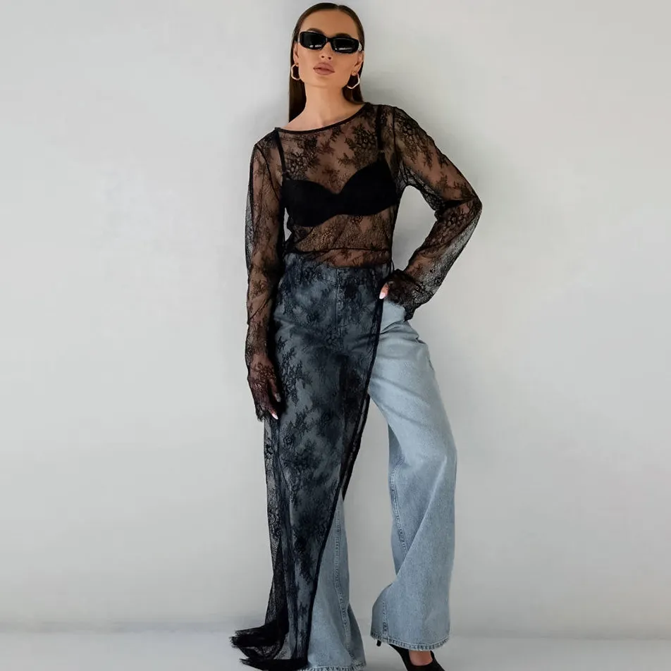 Women Fashion Sexy Perspective Lace Round-Neck Long Sleeve Asymmetry Split Maxi Dress