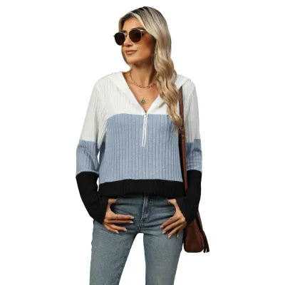 Women Casual Loose Contrast Color Stitching Zipper Long Sleeve Hoodies