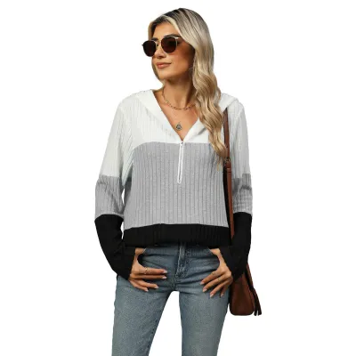 Women Casual Loose Contrast Color Stitching Zipper Long Sleeve Hoodies