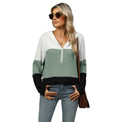 Women Casual Loose Contrast Color Stitching Zipper Long Sleeve Hoodies