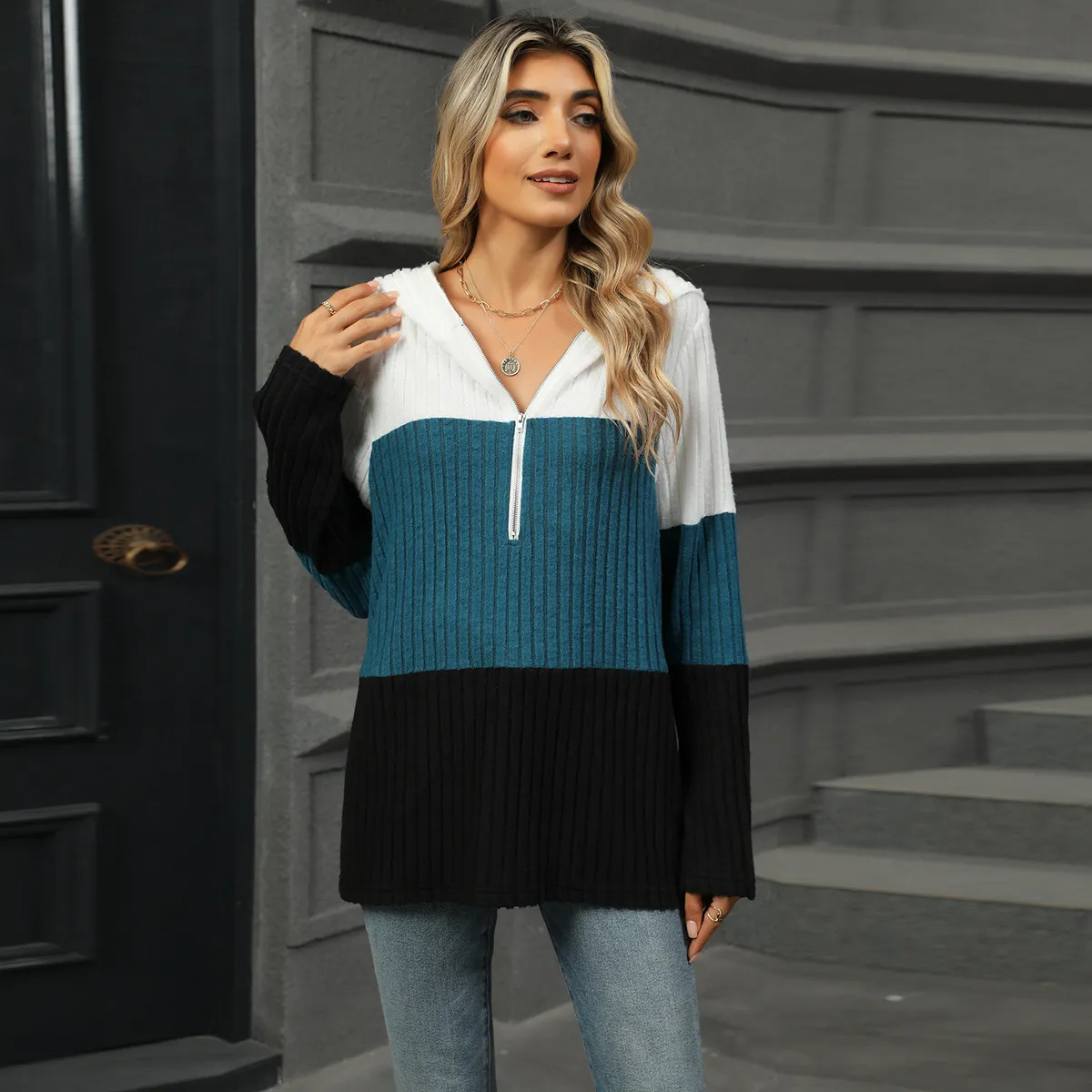 Women Casual Loose Contrast Color Stitching Zipper Long Sleeve Hoodies
