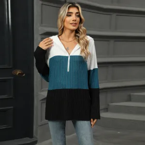 Women Casual Loose Contrast Color Stitching Zipper Long Sleeve Hoodies