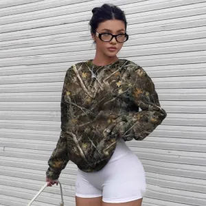 Women Casual Loose Camouflage Pattern Printed V-Neck Long Sleeve Sweatshirt
