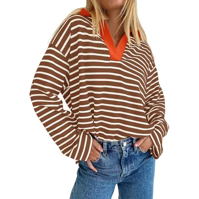 Women Casual Loose Stripe Polo Collar Long Sleeve Pullover Sweatshirt