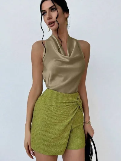 Women Fashion Sexy Solid Color Satin Sleeveless Hanging Neck Blouse