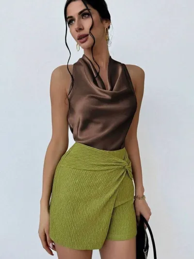 Women Fashion Sexy Solid Color Satin Sleeveless Hanging Neck Blouse