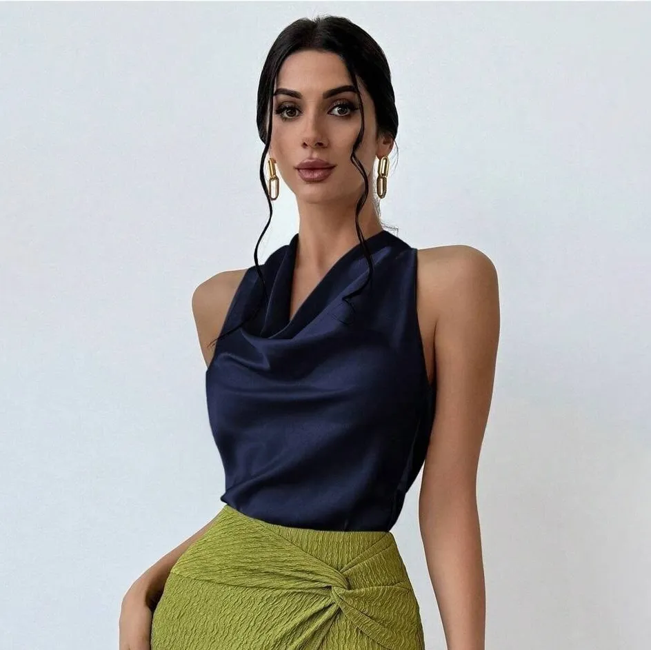 Women Fashion Sexy Solid Color Satin Sleeveless Hanging Neck Blouse