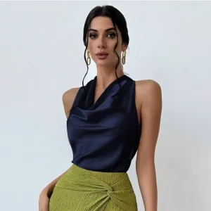 Women Fashion Sexy Solid Color Satin Sleeveless Hanging Neck Blouse