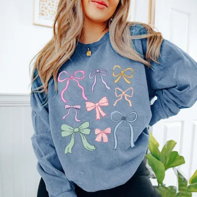 Women Casual Velvet Bowknot Printed Long Sleeve Sweatshirt